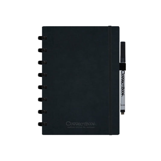 Correctbook a5 uitwisbaar notitieboek – ink black kunstleer hardcover – gelinieerd – herbruikbaar schrift – inclusief pen wisdoekje – aanvulbaar met extra pagina’s