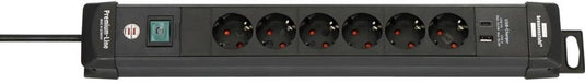 Brennenstuhl premium-line stekkerdoos 6-voudig met usb c pd 30w en usb a 18w (made in germany, stekkerblok met schakelaar en 3m kabel, voor wandmontage met ophanginrichting)