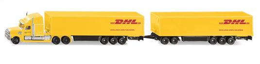 Siku 1806, freightliner dhl road train, trekker met oplegger en aanhanger, 1:87, metaal kunststof, geel, afneembare aanhanger