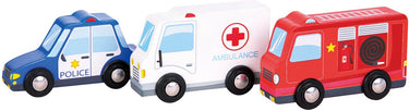 Woet ® houten voertuigenset - 3 speelgoed auto's - politie, brandweer en ambulance - speelgoedvoertuigen hulpdienst - vanaf 18 maanden