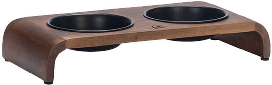 Designed by lotte melora voerbak drinkbak kat - dinerset eetbak waterbak kat - hout rvs - zwart - 2x350 ml