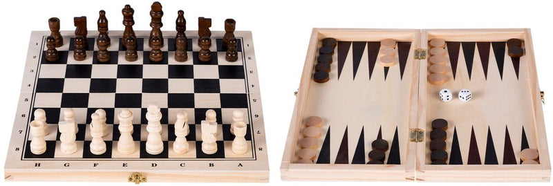 Load image into Gallery viewer, Engelhart opklapbare schaak backgammon set – berkenhout – houten schaakstukken koning 60 mm – spelbord 29 x 29 cm – luxe houten spelset – 2 spellen in 1 -

