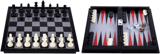 Engelhart reisspel schaak backgammon 24 cm – magnetisch opklapbaar – inclusief opbergcompartiment – koning 50 mm –