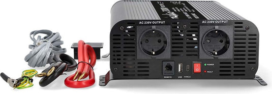 Nedis auto omvormer 2000w – 12v 230v – 2x stopcontact + usb-a usb-c – zuivere sinusgolf – schroefaansluiting – spanningsomvormer