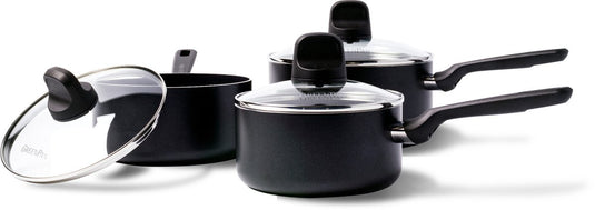 Greenpan memphis pannenset 6-delig - 16 18 20cm - 1.6 2.1 3.1l - pfas-vrije antikleeflaag - steelpan inductie - keramische pan - ovenbestendig tot 160°c - koudgrepen - met glazen deksel - zwart