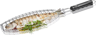 Gefu bbq vishouder - rvs visrooster voor barbecue - met houten handgreep