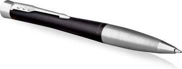 Parker urban twist-balpen | muted black met chromen rand | medium punt met blauwe-inktvulling | geschenkdoos