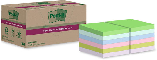 Post-it super sticky notes recycled | 70 vel | ft 47 | 6 x 47 | 6 mm | assorti | pak van 12 blokken
