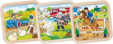 Goki houten puzzel - set van 3 - brandweer, tractor, paard - 9 stukjes