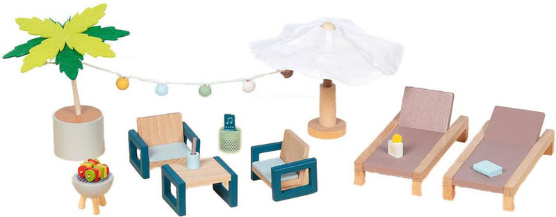Load image into Gallery viewer, Goki poppenhuismeubeltjes: outdoor meubelset mallorca, 17-delig, ligbed 13x6x2,2cm, hout en tekstiel, 3+
