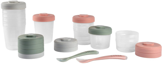 Béaba - bewaarpotjes - set van 12 - 2x90ml, 4x150ml, 6x250ml + 2 siliconen lepels - hermetisch - magnetron - groen roze - bpa-vrij