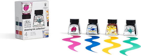 Winsor newton 1090104 tekentint set „rich tones“ 4x14 ml – sneldrogende, transparante inkt voor penseel, pen en airbrush - drawing ink collection