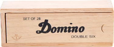 Engelhart domino dubbel 6 klein – 28 houten domino stenen met zwarte ogen – inclusief houten kist met schuifdeksel –