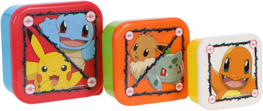 Stor pokémon 3-in-1 snackdoosjes - 3 formaten - vierkant - sluit goed af - lunchboxen voor kinderen - los deksel - geschikt voor koekjes, fruit en snacks - blauw geel groen