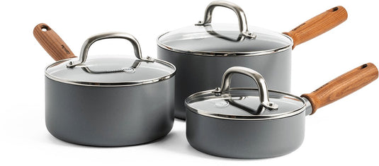 Greenpan mayflower pro keramische pannenset 6-delig - 16, 18 en 20 cm - inductie pannenset - inductie steelpannenset - inductie steelpan - met glazen deksels - pfas-vrij - grijs - houten handvat