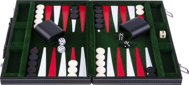 Longfield backgammon 15 inch - groen, rood wit gestikt bord - kunstlederen koffer met handvat - engelhart