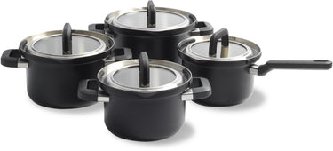 Bk flow cool black pannenset 4-delig - 16 18 20cm - rvs pannenset - inductie pannenset - ovenbestendig tot 160°c - koudgrepen - met deksel - zwart