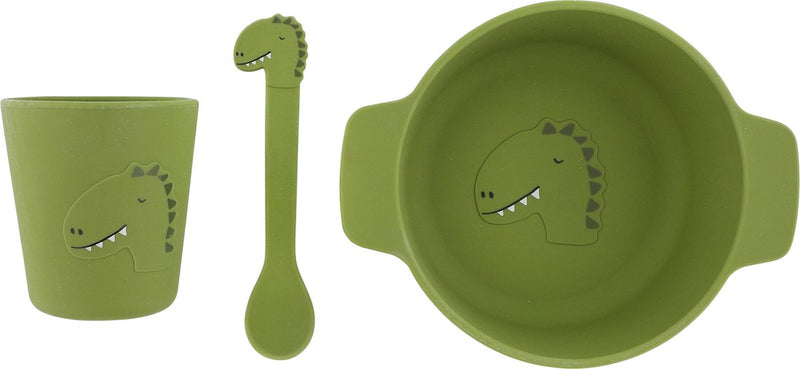 Load image into Gallery viewer, Trixie siliconen baby eetset mr. dino - perfect kraamcadeau - babyshower gift - set met lepel, beker en kom.
