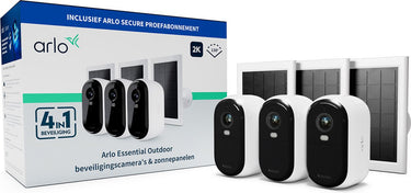 Arlo essential 2k draadloze beveiligingscamera voor buiten en zonnepanelen - 3 camera's 3 zonnepanelen