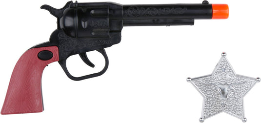 Eddy toys revolver en sheriff badge set 2 stuks - speelgoed revolver - sheriff ster speelgoed - cowboy rollenspel speelgoed - politie kostuum accessoires