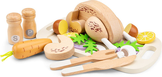 Woet ® houten 'gebraden kip' met groenten speelgoedset - inclusief dienblad, bestek en zout peper - fsc - speelgoedeten - rollenspel keukenspeelgoed - vanaf 2 jaar