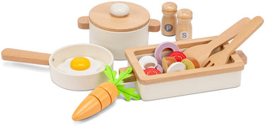 Woet ® houten pannenset met ovenschaal wit - 20-delige set met groente en kookgerei - speelgoed keukenset - speelgoedkeuken accessoires voor kinderen - rollenspel keukenspeelgoed - vanaf 24 maanden