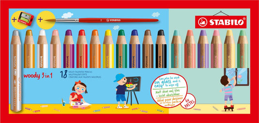 Stabilo woody 3 in 1 - multi talent kleurpotloden - etui met 18 kleuren, 6 pastel, puntenslijper penseel