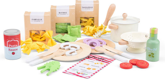 Woet ® houten speelgoed pasta set - 'maak je eigen pasta' speelgoedset - fsc - inclusief ravioli, tagliatelle, farfalle saus - speelgoedeten - rollenspel keukenset - vanaf 3 jaar