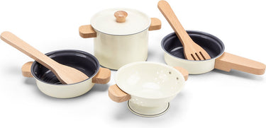 Woet ® metalen pannenset wit - 7-delige set met vergiet en houten kookgerei - speelgoed keukenset - speelgoedkeuken accessoires voor kinderen - rollenspel keukenspeelgoed - vanaf 2 jaar