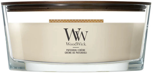 Woodwick hearthwick flame ellipse geurkaars - patchouli créme - 50 branduren