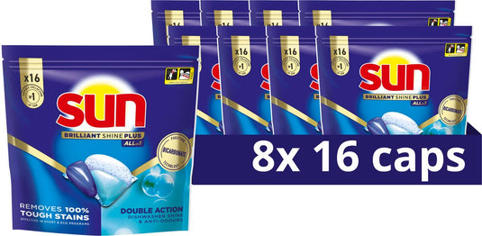 Sun - vaatwastabletten - brilliant shine plus - all-in 1 - 128 capsules - voordeelverpakking