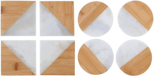 Alpina onderzetters 10x10 cm - natuursteen en bamboe design - rond of vierkant assorti - 4 stuks