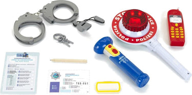 Klein toys 10-delige politie set - handboeien met sleutel, mobiele speelgoedtelefoon, fluitje, politiescheplepel met zwaailicht en zaklamp - rood wit blauw
