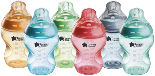 Tommee tippee natural start babyflessen, set van 6 x 260ml baby flessen - lage toevoersnelheid 0m+ - kleurrijk