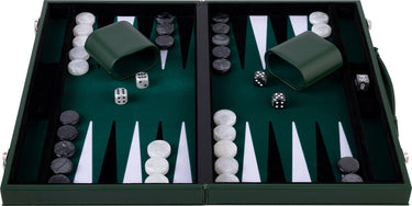 Longfield backgammon 15 inch - groen, zwart wit ingelegd bord - luxe groene koffer met handvat - engelhart