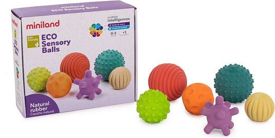 Miniland ml preschool eco: rubber ballen diam.7cm, zintuiglijke ballen van natuurlijk rubber, 6 stuks, doos 15x22x9cm, 0+