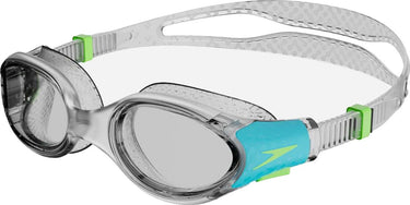 Speedo biofuse 2.0 zwembril kind - ergonomische duikbril kinderen 6-14 jaar - anti condens uv-bescherming - junior zwembril met drukknopsluiting - superzachte afdichting - clear blauw
