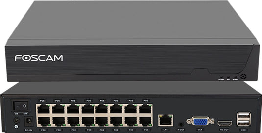 Foscam fna216he - 16-kanaals 4k 8mp poe nvr - netwerk video recorder - beveiligingscamera recorder - bewegingsdetectie - h.264+ - hdmi vga - 2x16tb hdd - plug play - zwart