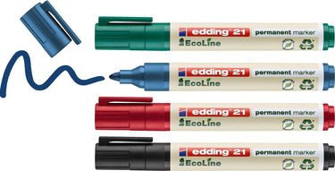 Edding 21 ecoline permanent marker -zwart, rood, blauw, groen - 4 stiften - ronde punt 1,5-3 mm - voor karton, kunststof, hout, metaal, etc. - alcohol markers voor volwassenen