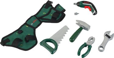 Klein toys bosch mini gereedschapsgordel-set - accuschroevendraaier, hamer, tang, zaag, moersleutel, schroevendraaier - incl. licht- en geluidseffecten - groen rood