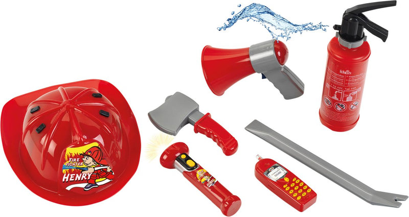 Load image into Gallery viewer, Klein toys 7-delige brandweerset - brandblusser, zaklamp, koevoet, bijl, helm, mobiele telefoon, megafoon - incl. 0,5 l watertank - rood grijs

