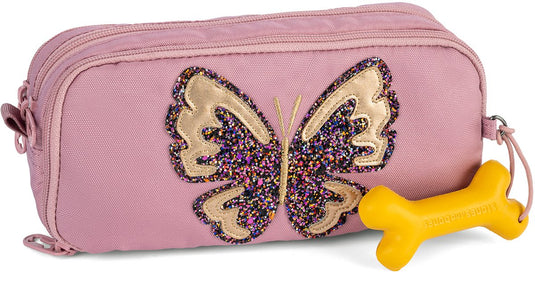 Stones and bones rowan 2.0 - etui - pennenzak voor kinderen - 3 vakken - glitter butterfly - lila