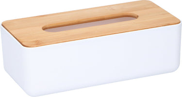 Alpina tissuedoos zakdoekjes box - wit lichtbruin - kunststof - bamboe deksel - 26 x 13 x 9 cm