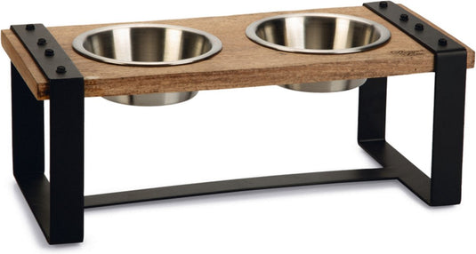 Designed by lotte karinto voerbak hond - dinerset - eetbak drinkbak hond - hout metaal - 2x650ml - size m