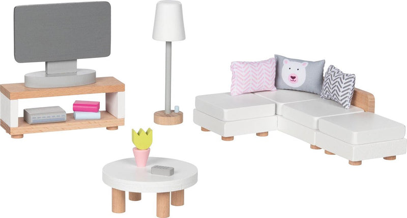Load image into Gallery viewer, Goki poppenhuismeubeltjes: design woonkamer, 15-delig, 9,5x3x4cm (televisiekast), beukenhout en stof, 3+
