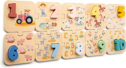 Woet ® houten cijferpuzzel boerderij - leren tellen - getallen 1 t m 10 - puzzel met cijfers en dieren - fsc educatief speelgoed - vanaf 2 jaar