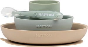 Nattou siliconen 4-delig servies voor kinderen - bord + kom + beker + lepel - antislip - bpa-vrij - groen zand