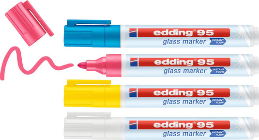 Edding 95 4 s glasmarker set - assorti licht 4 stuks: geel, roze, lichtblauw, wit- zonder pompsysteem direct te gebruiken - 1,5-3mm