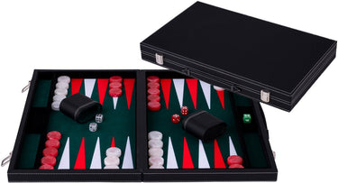 Engelhart backgammon 15 inch - groen, rood wit ingelegd bord - luxe kunststof koffer met handvat -