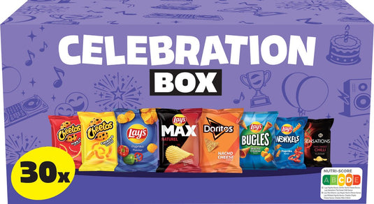 Lay's celebration box mix - paprika, naturel nacho cheese - doos 801,5 gram bevat 30 uitdeelzakjes
